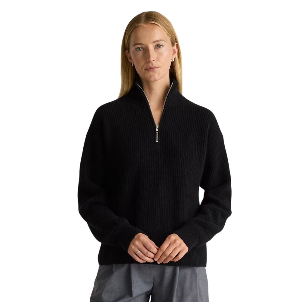 Quince Women’s S Cashmere Fisherman Quarter Zip Sweater Black Retro Luxe $140